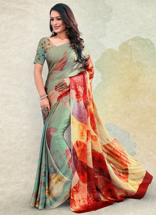 Classic Satin Sea Green Print Saree