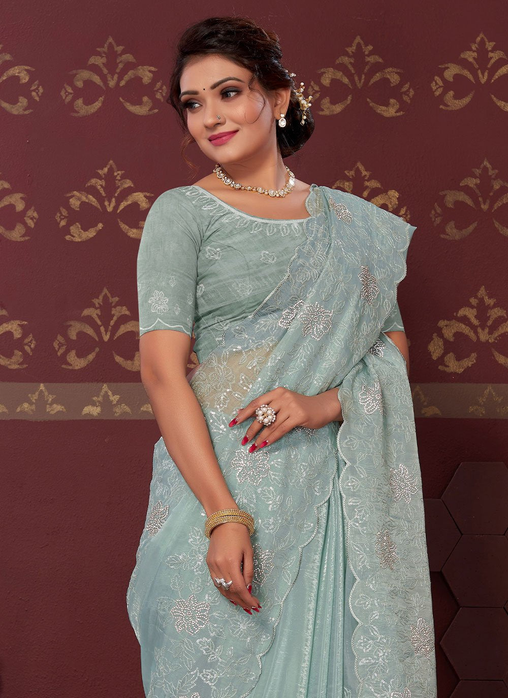 Classic Satin Silk Sea Green Embroidered Saree