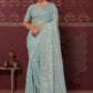 Classic Satin Silk Sea Green Embroidered Saree