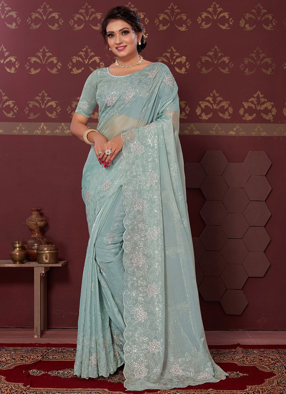 Classic Satin Silk Sea Green Embroidered Saree