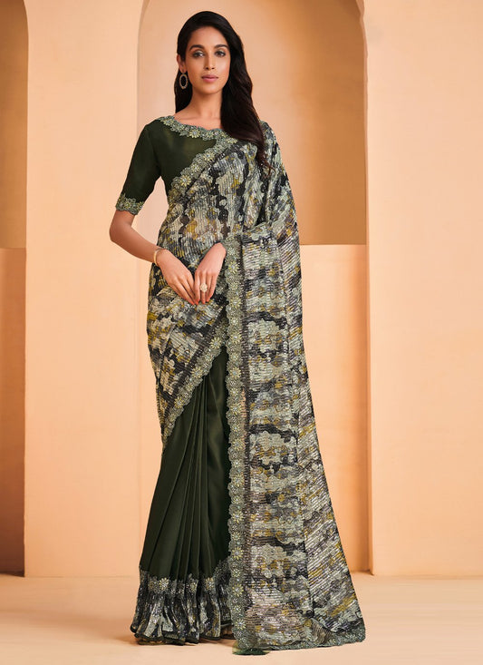 Trendy Saree Crepe Silk Satin Green Embroidered Saree