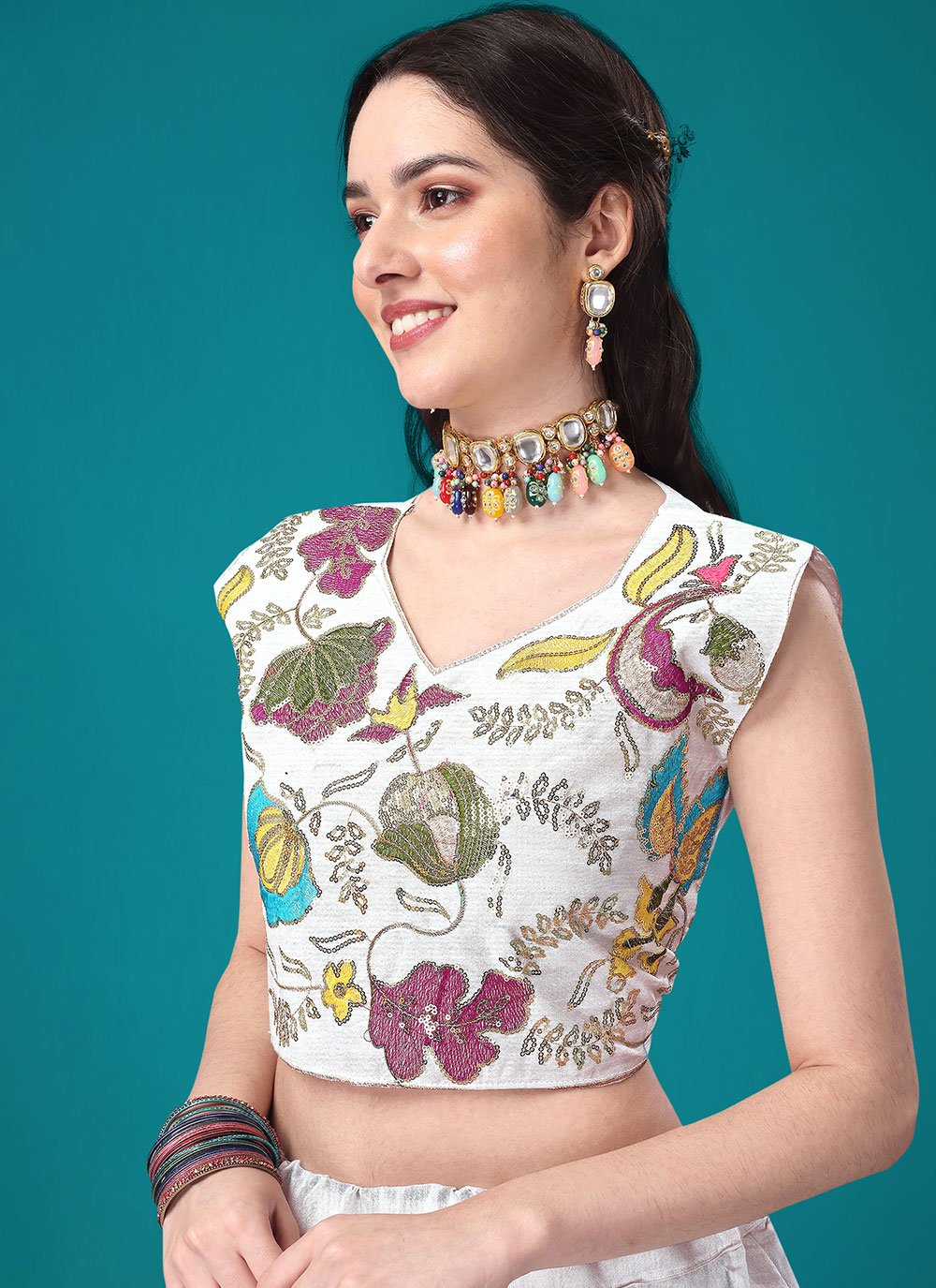 A Line Lehenga Satin Silk White Embroidered Lehenga Choli