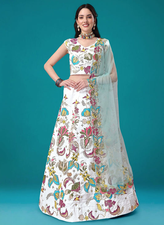 A Line Lehenga Satin Silk White Embroidered Lehenga Choli