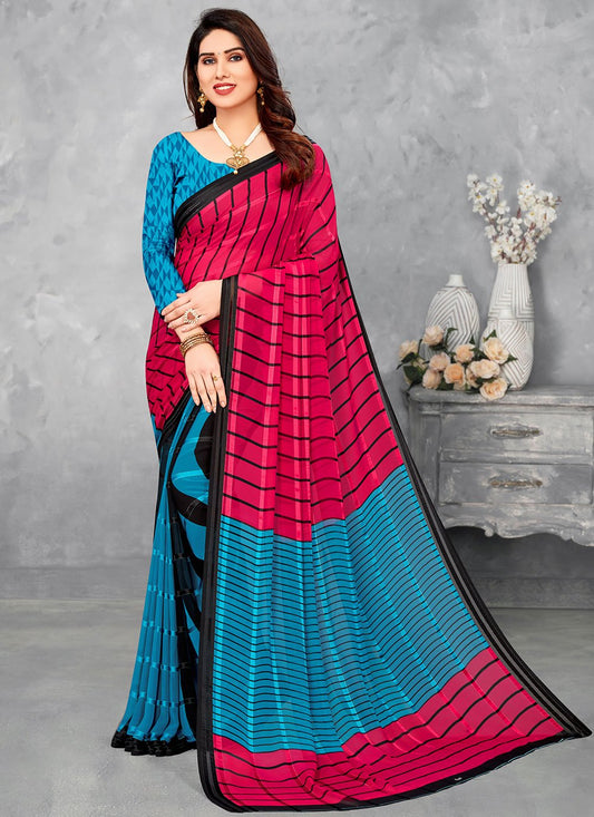 Classic Satin Silk Aqua Blue Pink Print Saree