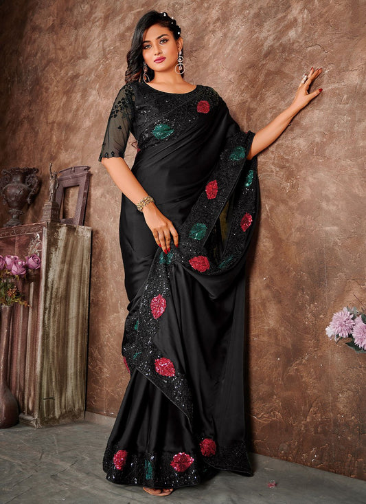 Designer Satin Silk Black Embroidered Saree