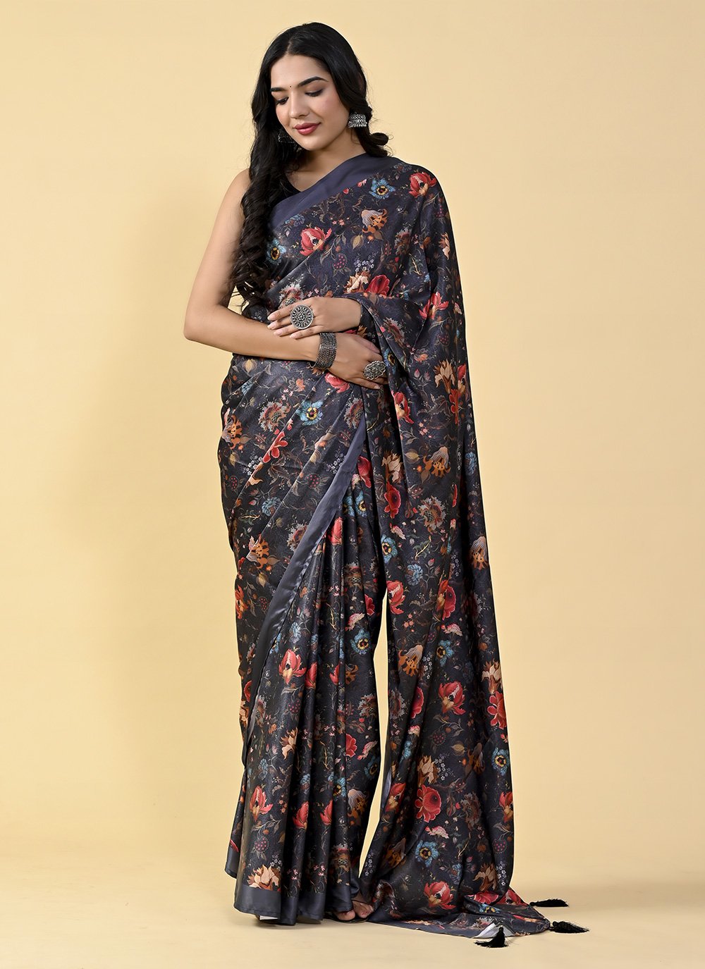 Casual Satin Silk Black Digital Print Saree