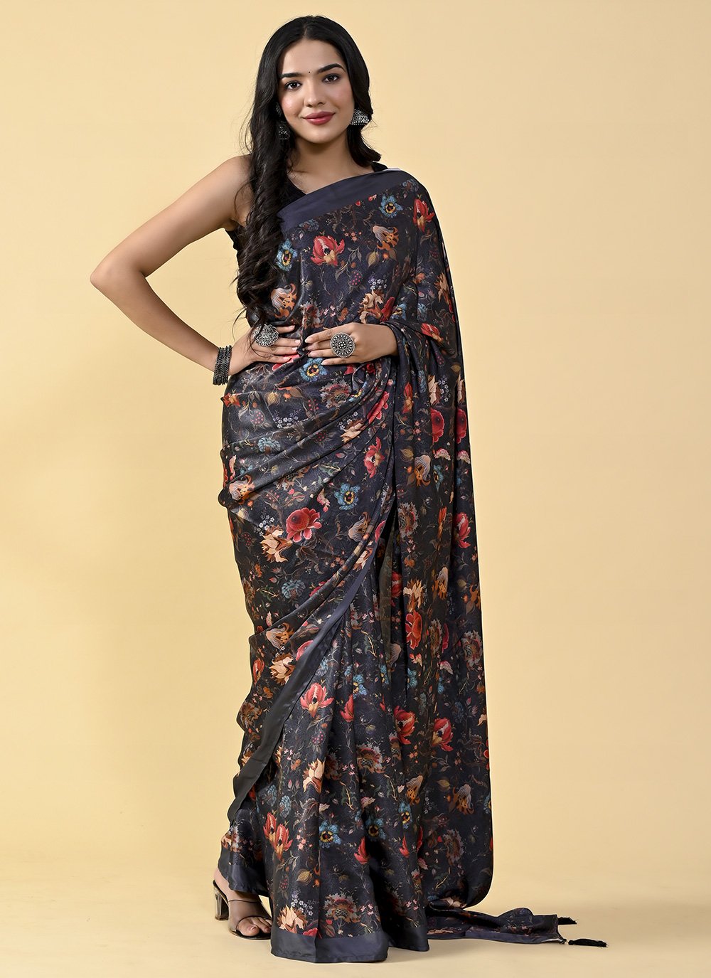 Casual Satin Silk Black Digital Print Saree