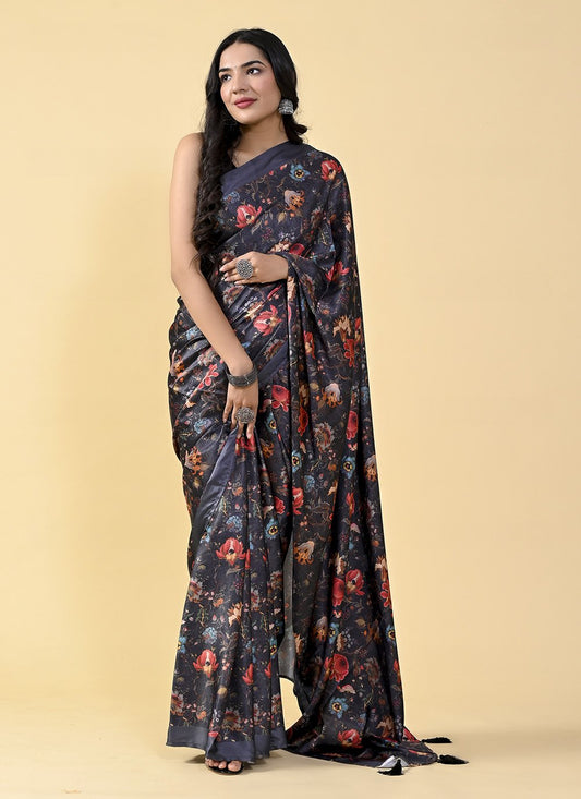 Casual Satin Silk Black Digital Print Saree