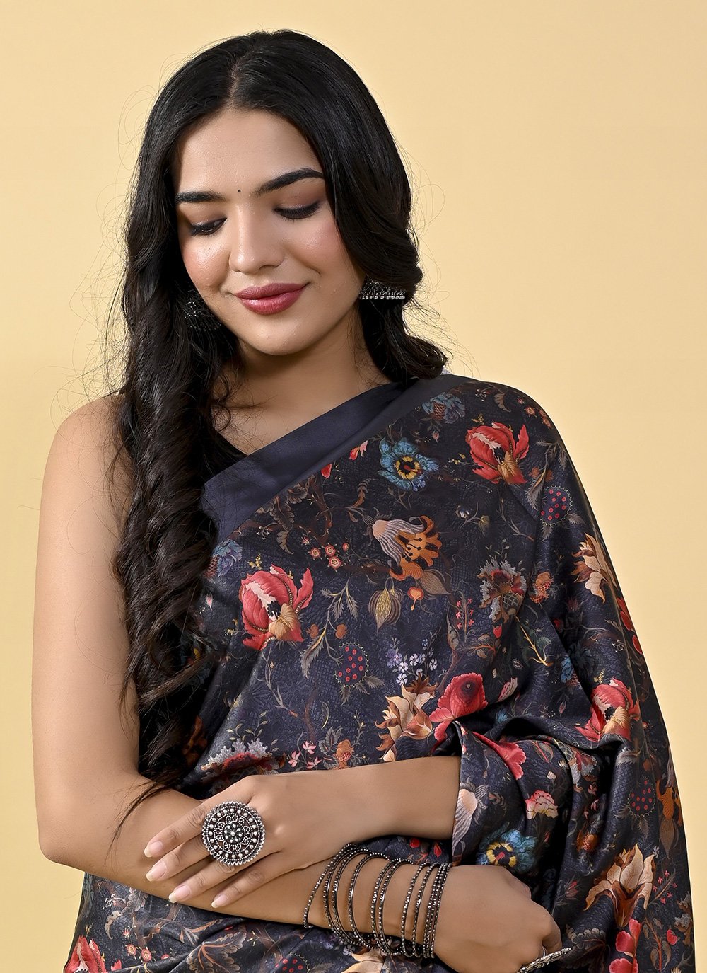 Casual Satin Silk Black Digital Print Saree