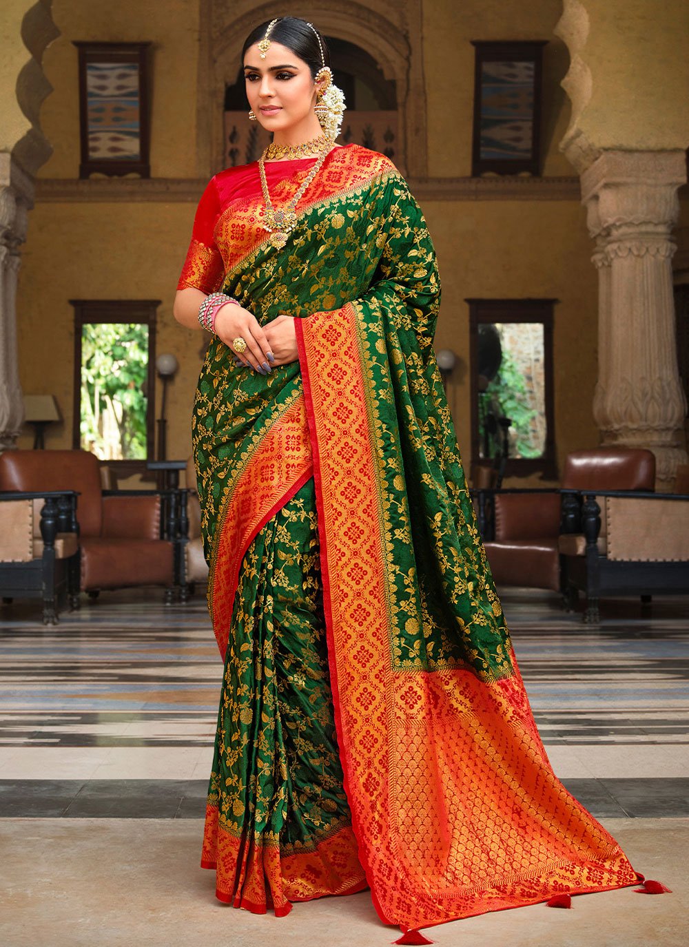 Classic Satin Silk Green Patch Border Saree