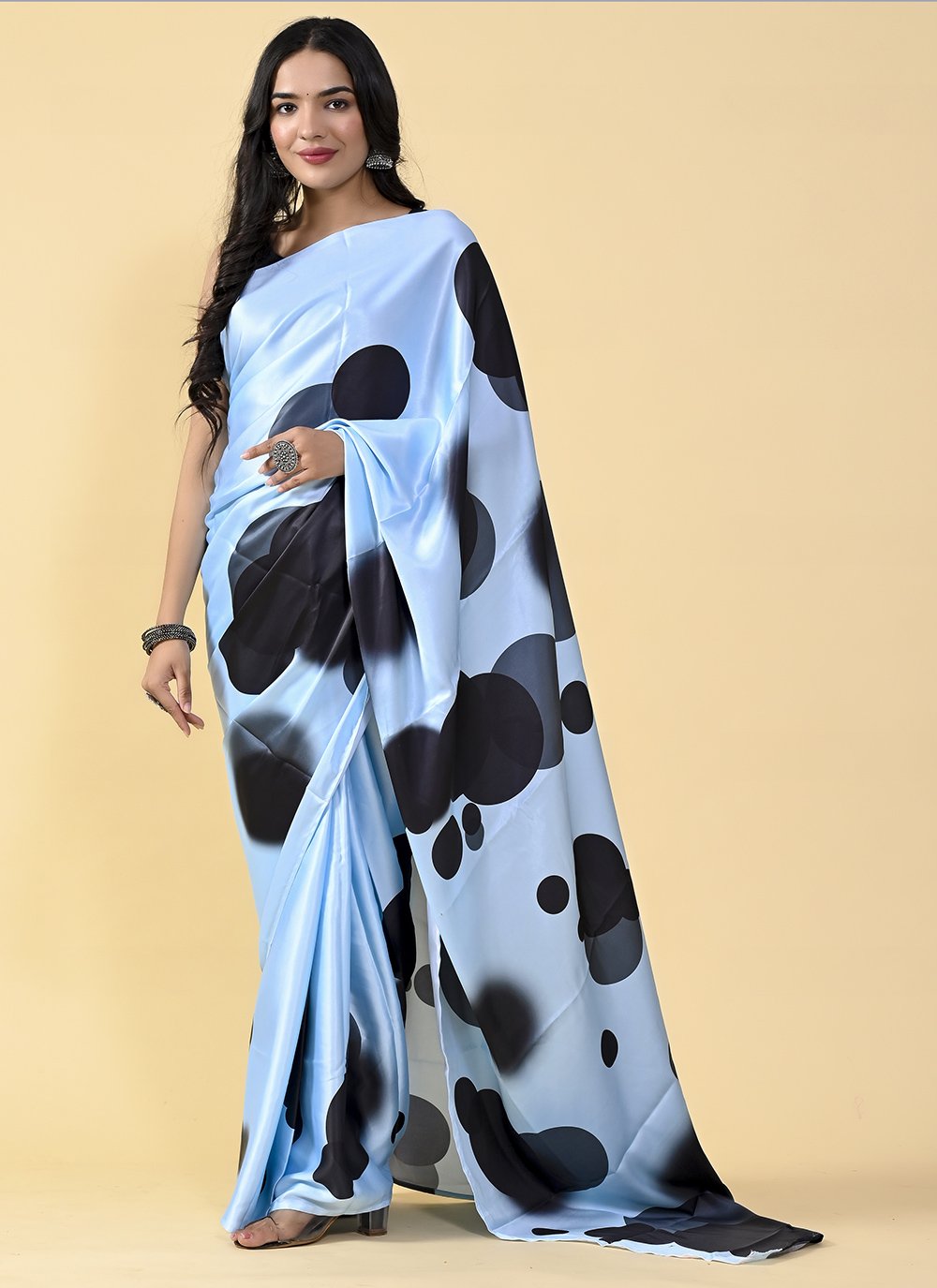 Casual Satin Silk Black Blue Digital Print Saree