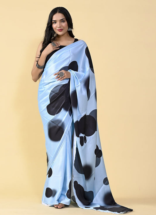 Casual Satin Silk Black Blue Digital Print Saree