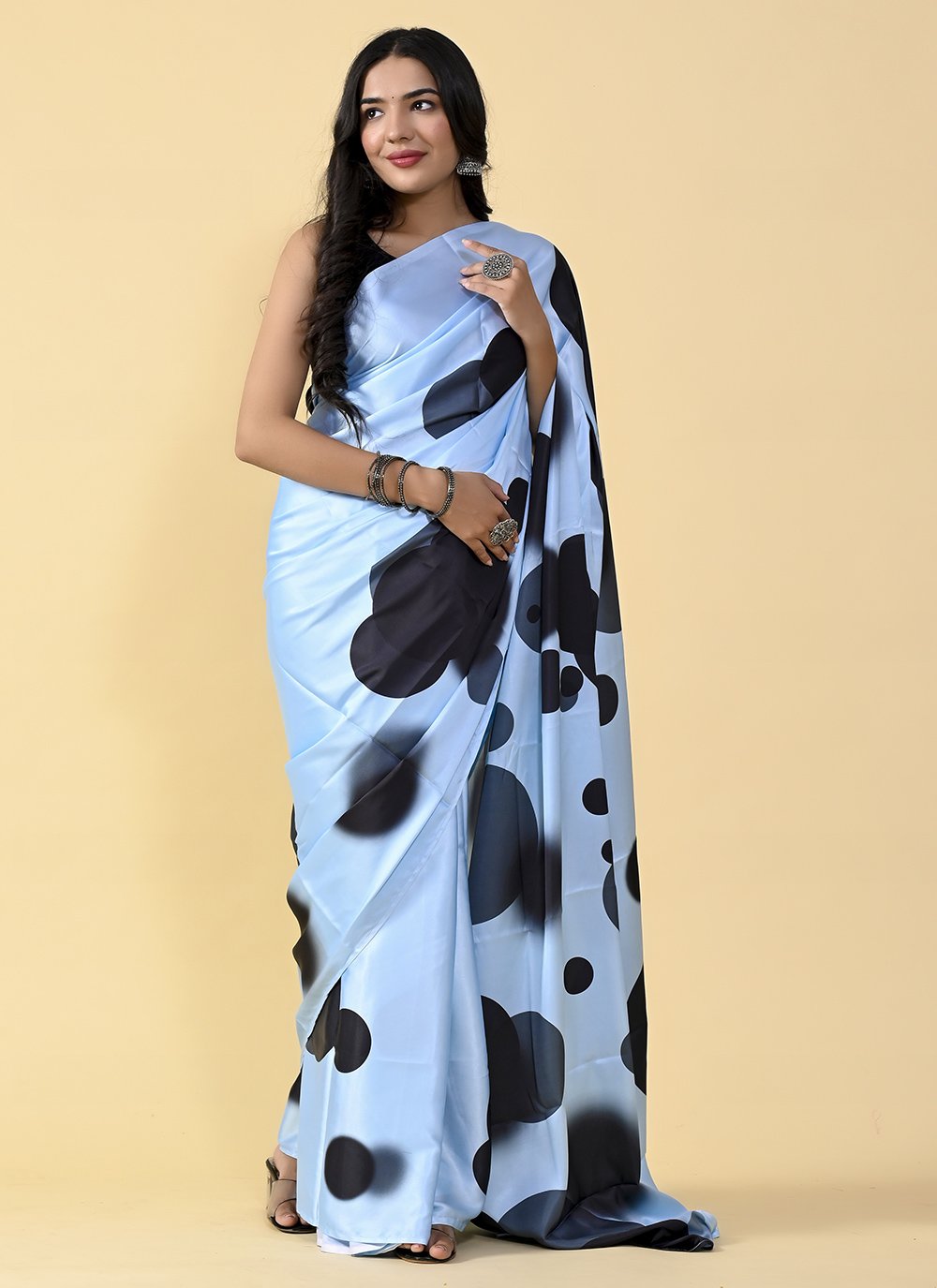 Casual Satin Silk Black Blue Digital Print Saree