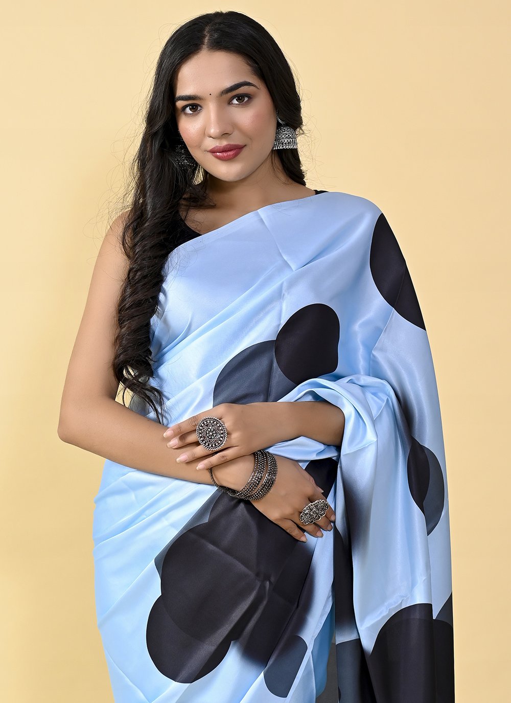 Casual Satin Silk Black Blue Digital Print Saree