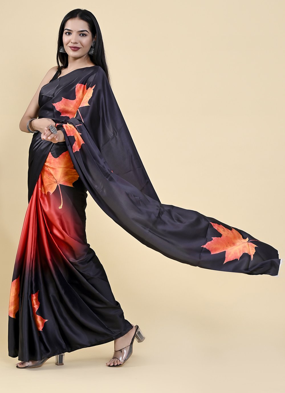 Casual Satin Silk Black Orange Digital Print Saree