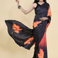 Casual Satin Silk Black Orange Digital Print Saree