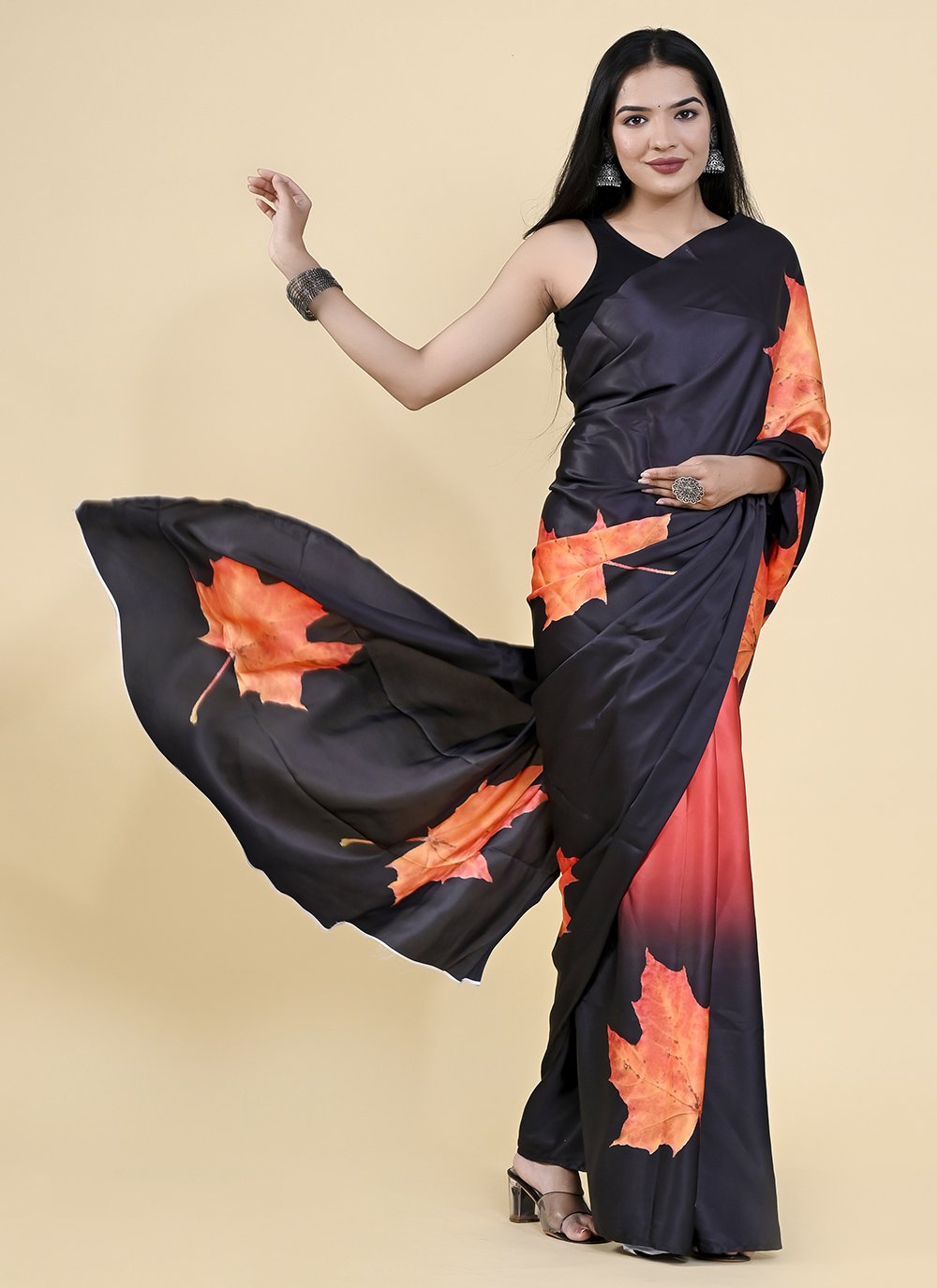 Casual Satin Silk Black Orange Digital Print Saree