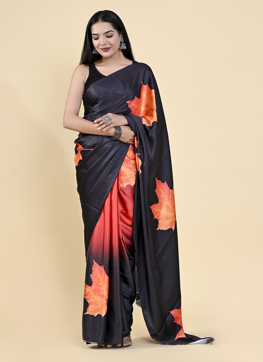 Casual Satin Silk Black Orange Digital Print Saree