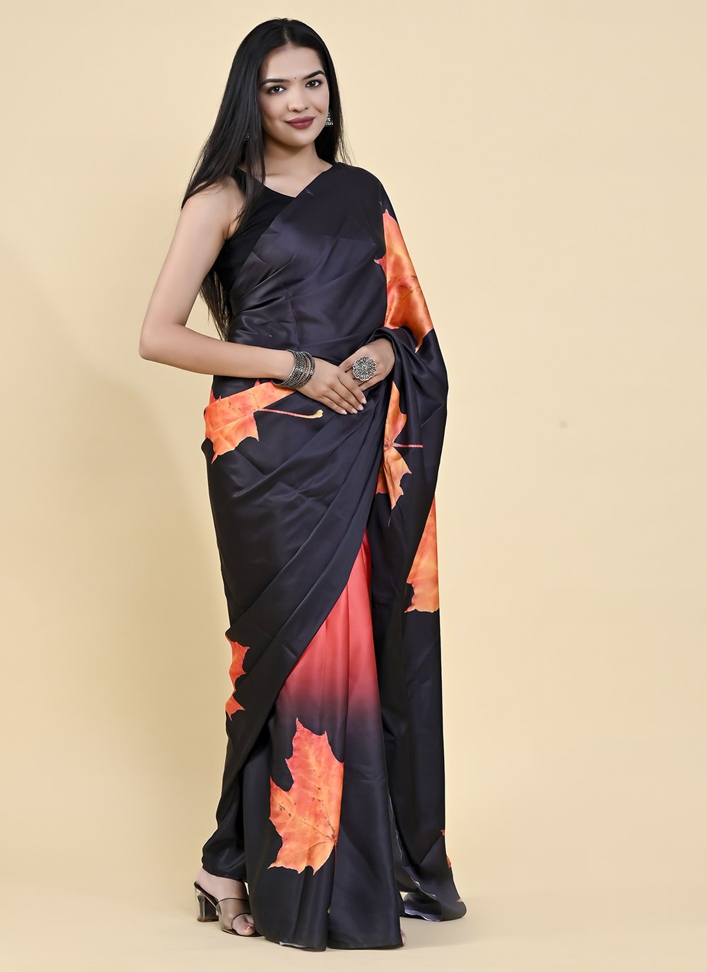 Casual Satin Silk Black Orange Digital Print Saree