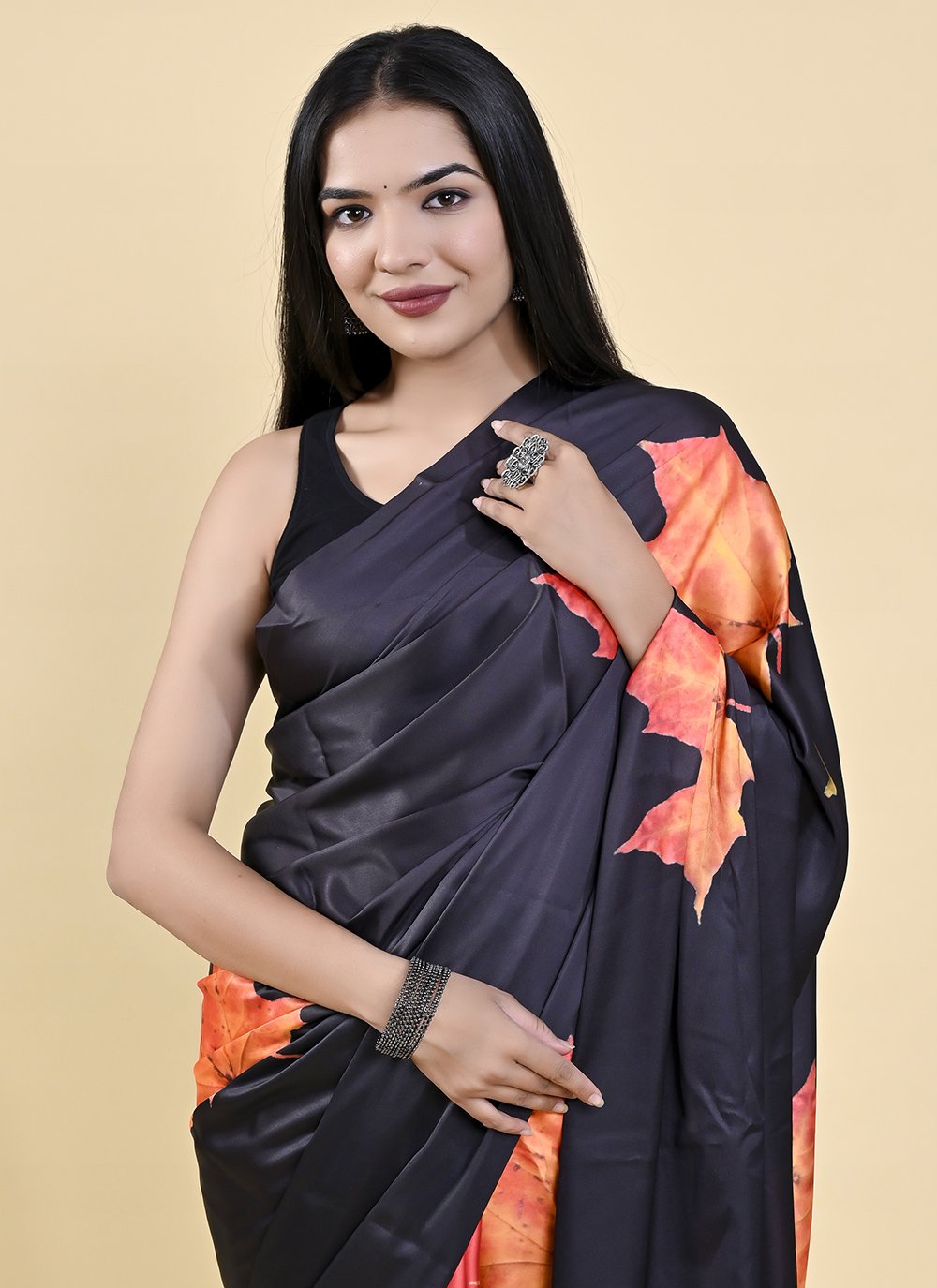 Casual Satin Silk Black Orange Digital Print Saree