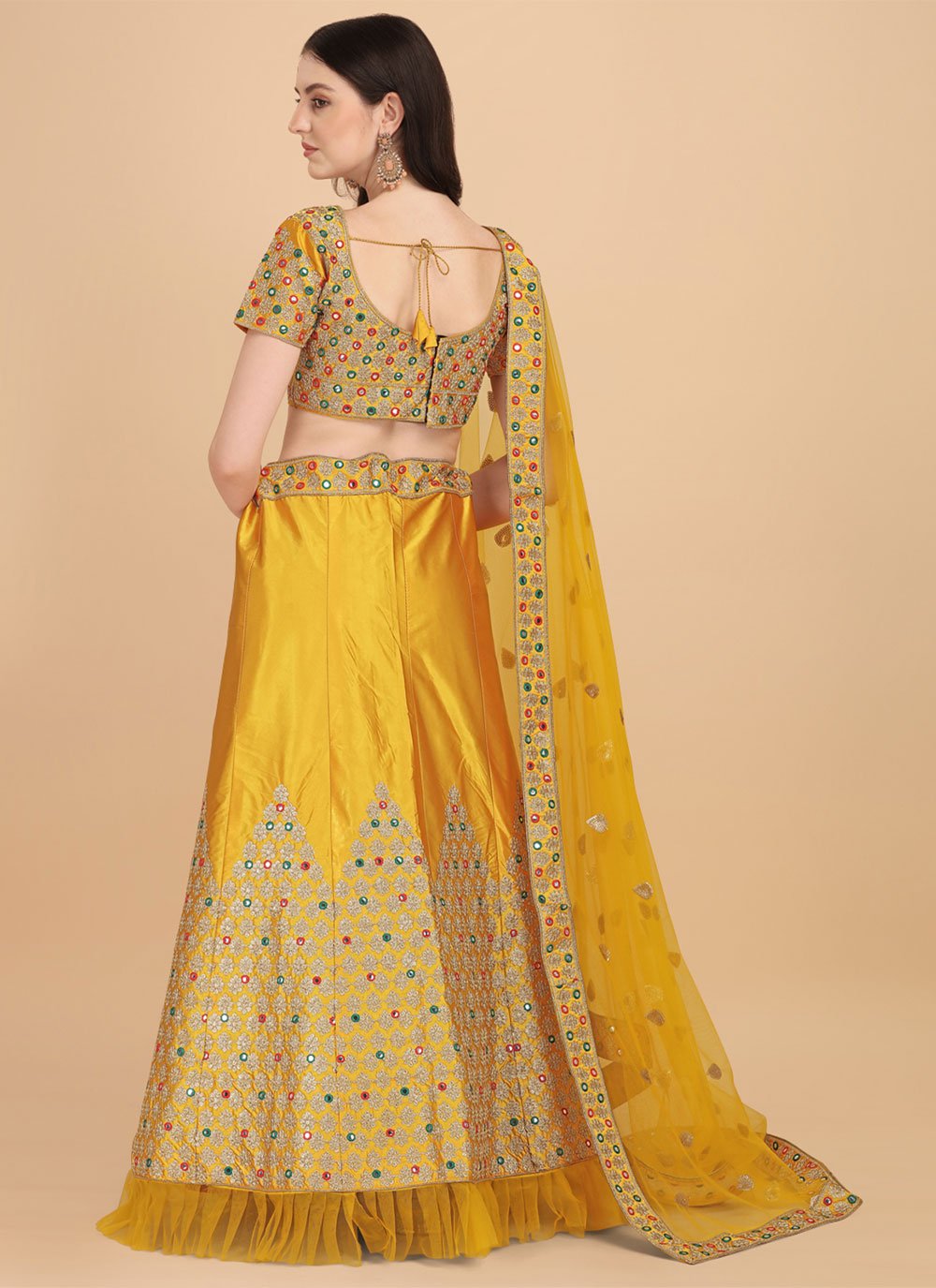 A Line Lehenga Satin Silk Yellow Embroidered Lehenga Choli