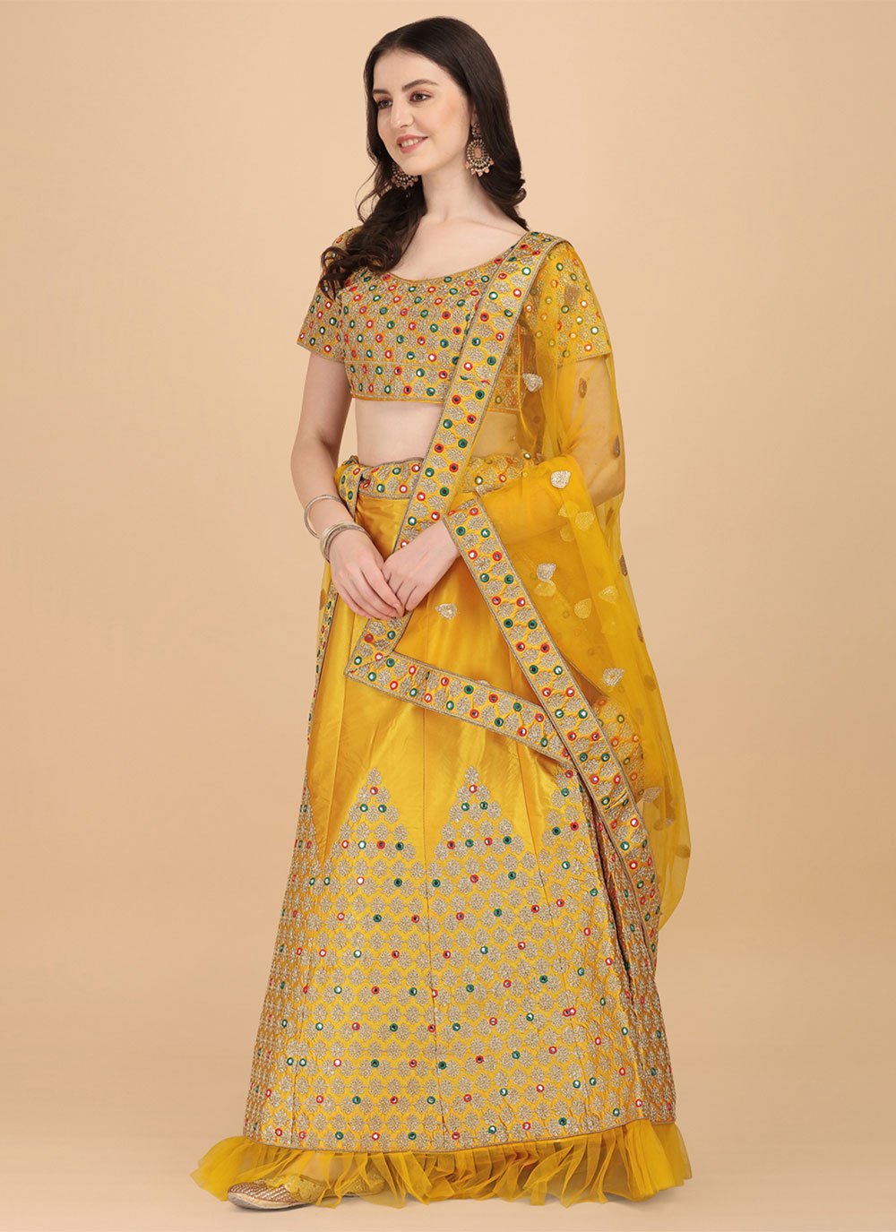 A Line Lehenga Satin Silk Yellow Embroidered Lehenga Choli