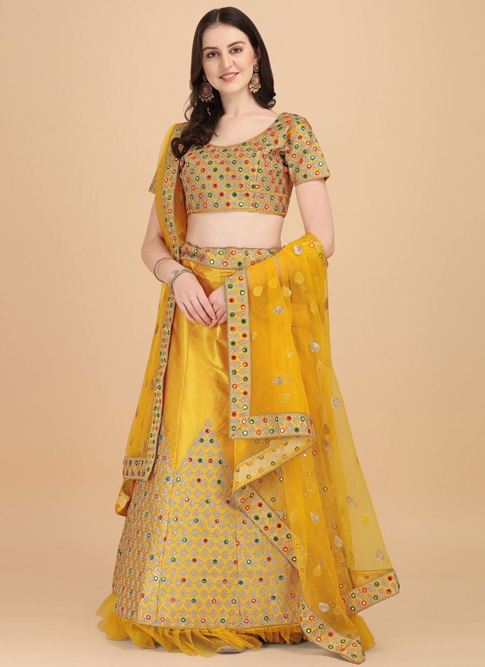 A Line Lehenga Satin Silk Yellow Embroidered Lehenga Choli