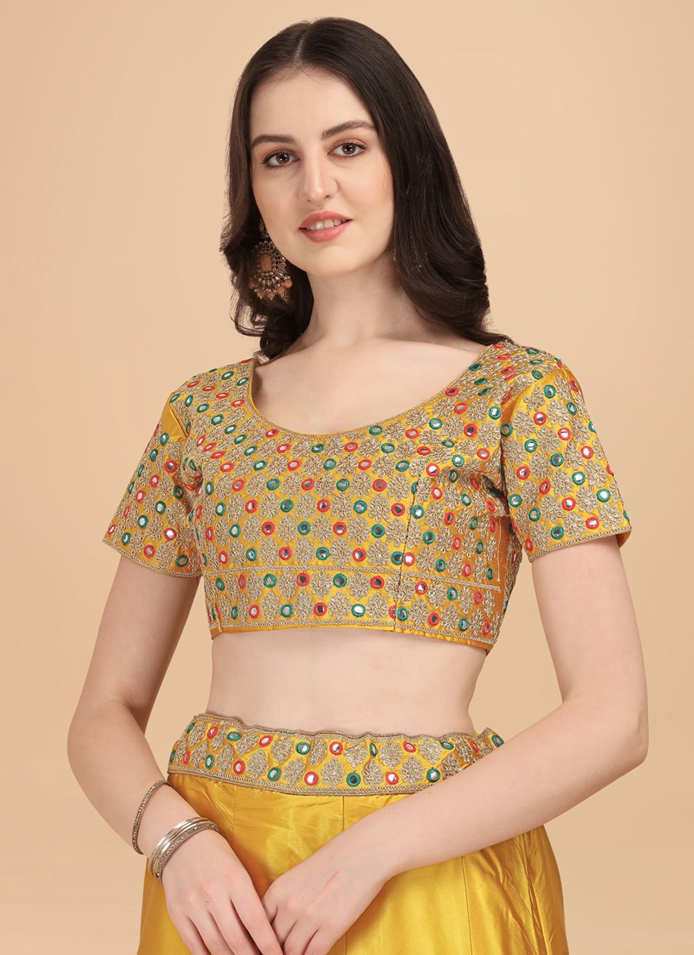 A Line Lehenga Satin Silk Yellow Embroidered Lehenga Choli