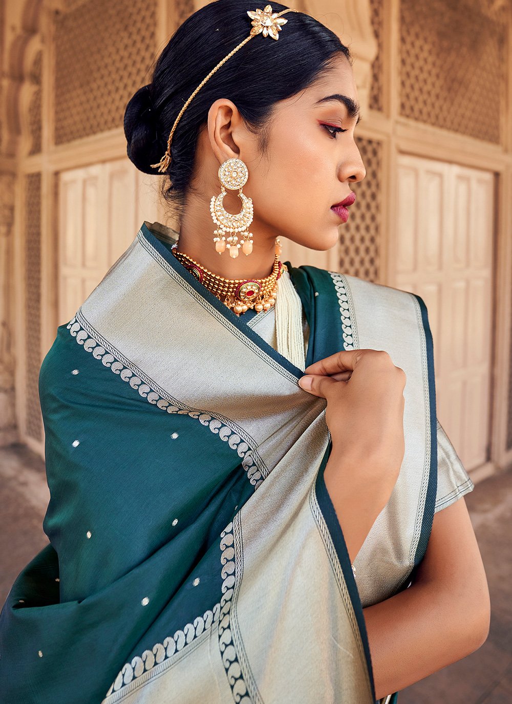 Classic Banarasi Silk Satin Silk Teal Weaving Saree