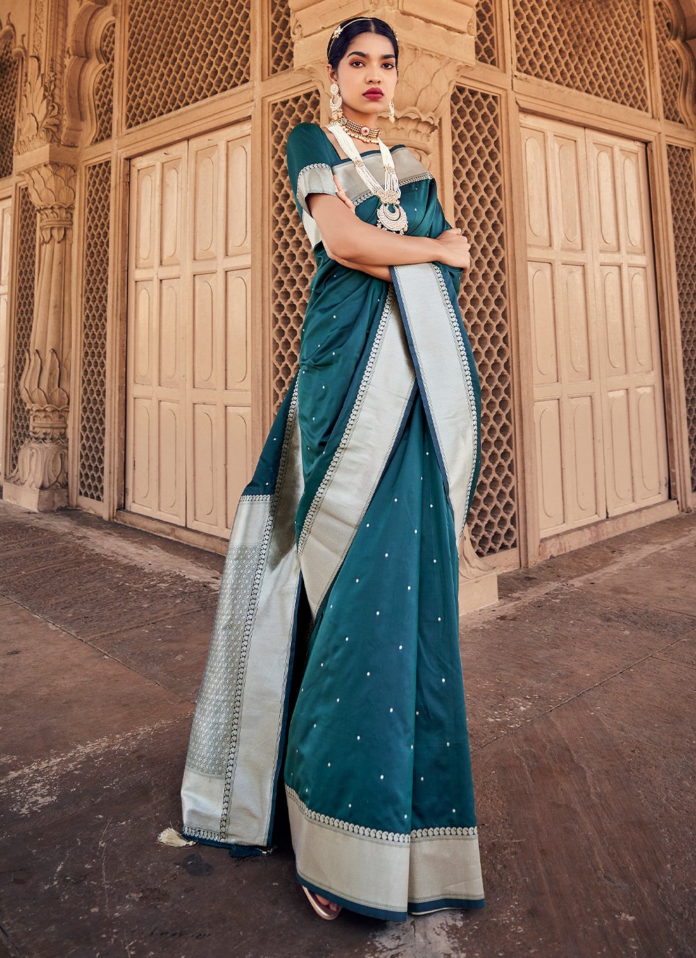 Classic Banarasi Silk Satin Silk Teal Weaving Saree