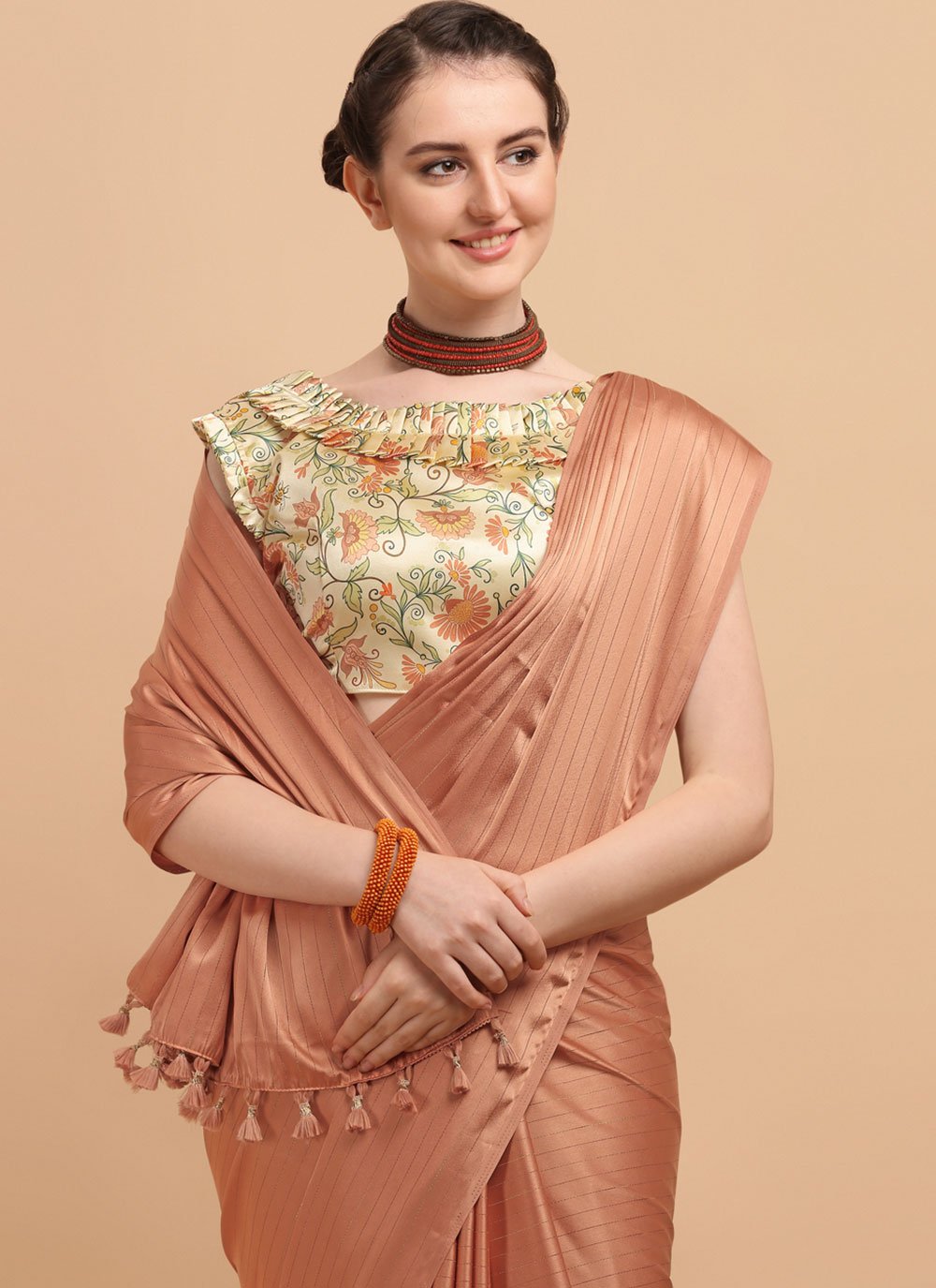 Classic Satin Silk Orange Strips Print Saree