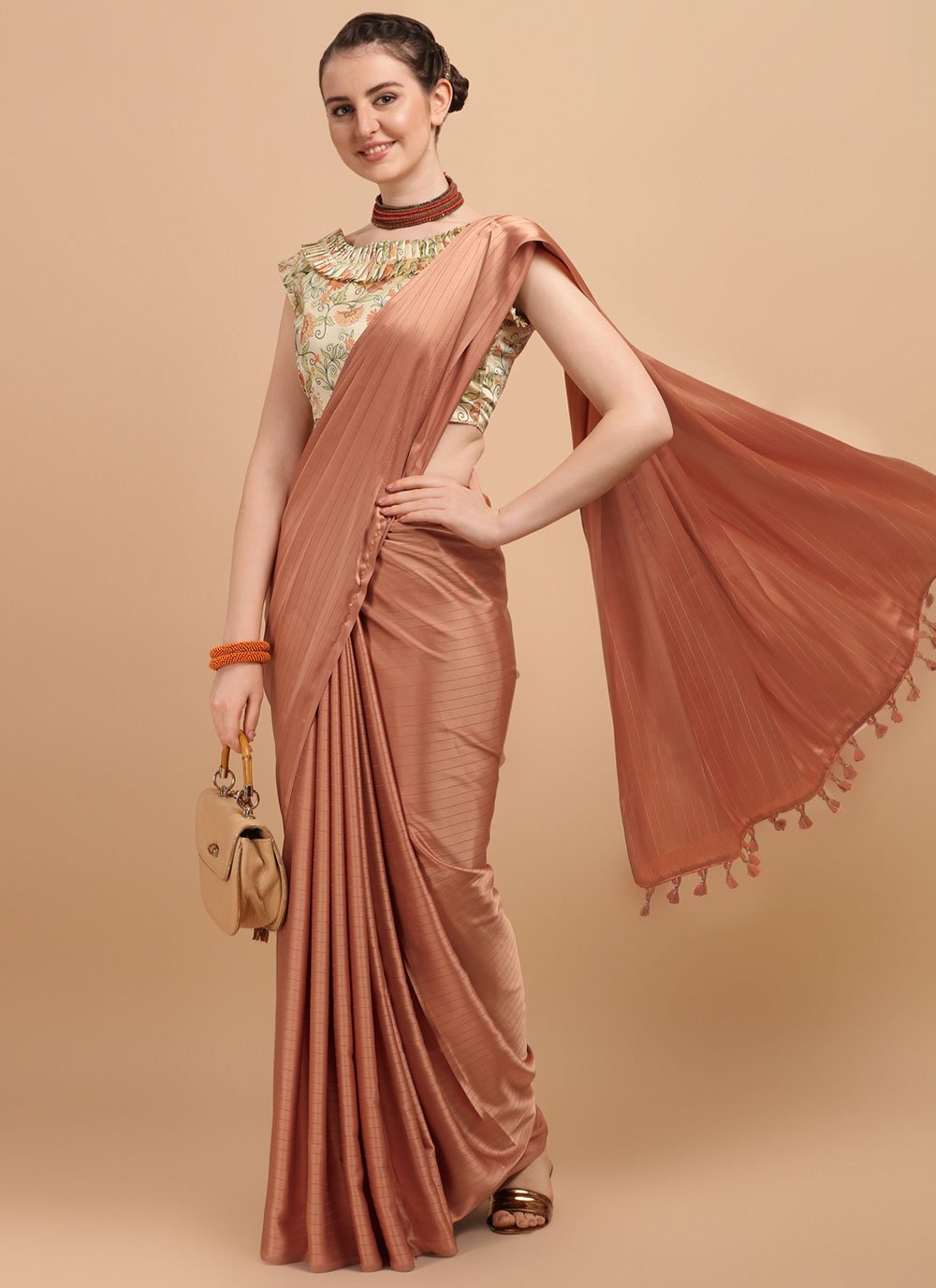 Classic Satin Silk Orange Strips Print Saree