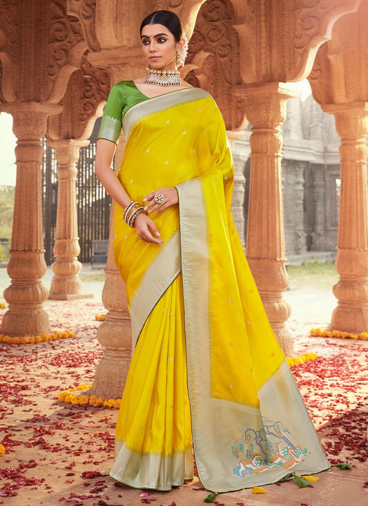 Classic Satin Silk Yellow Weaving Saree