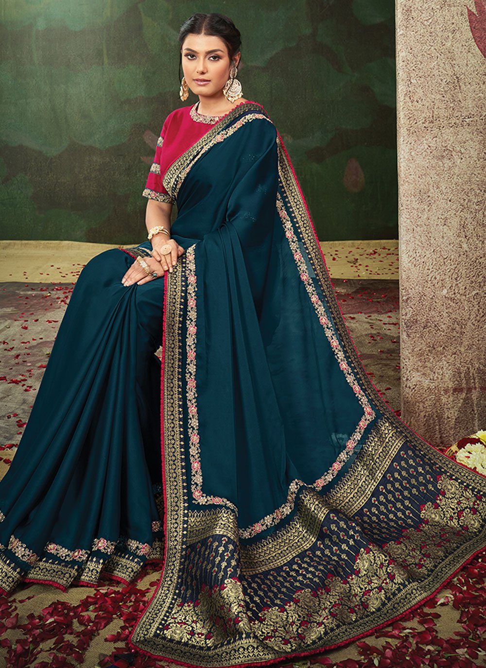 Classic Satin Silk Blue Embroidered Saree