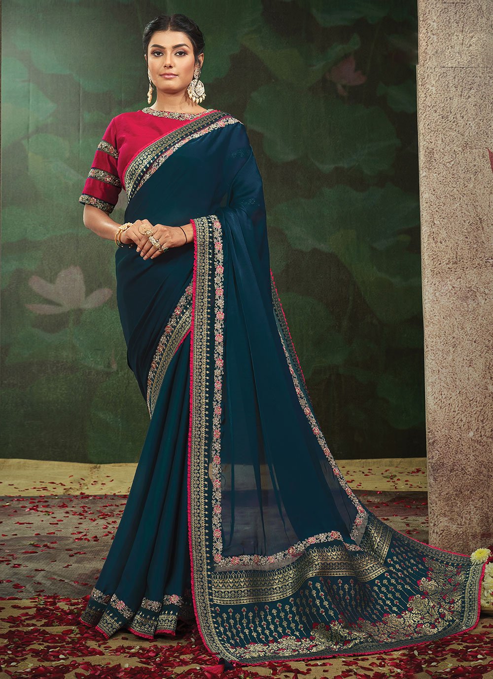 Classic Satin Silk Blue Embroidered Saree