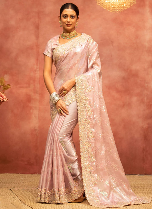 Classic Satin Silk Pink Embroidered Saree