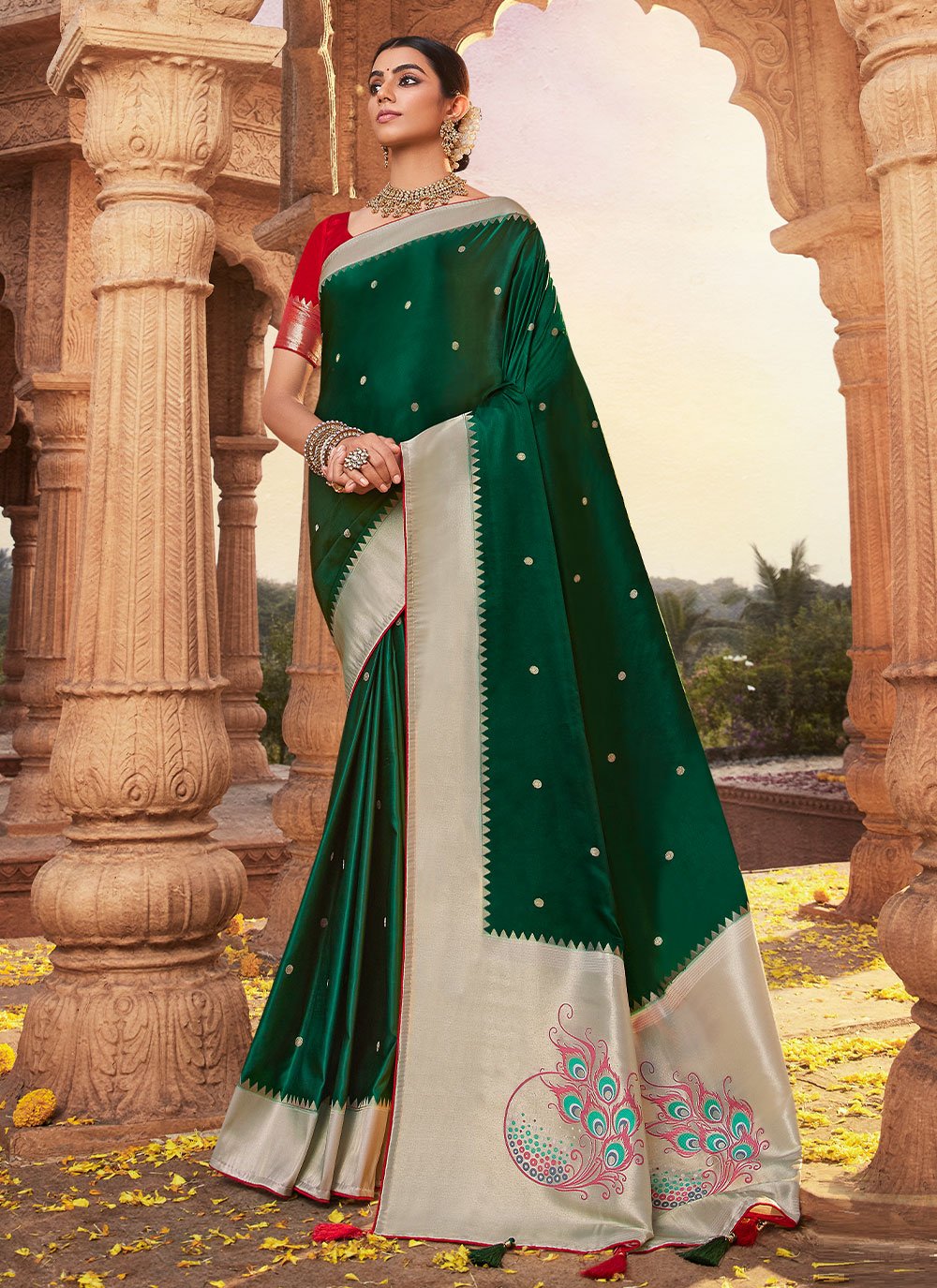 Designer Satin Silk Green Weaving Saree