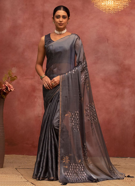 Contemporary Satin Silk Grey Embroidered Saree