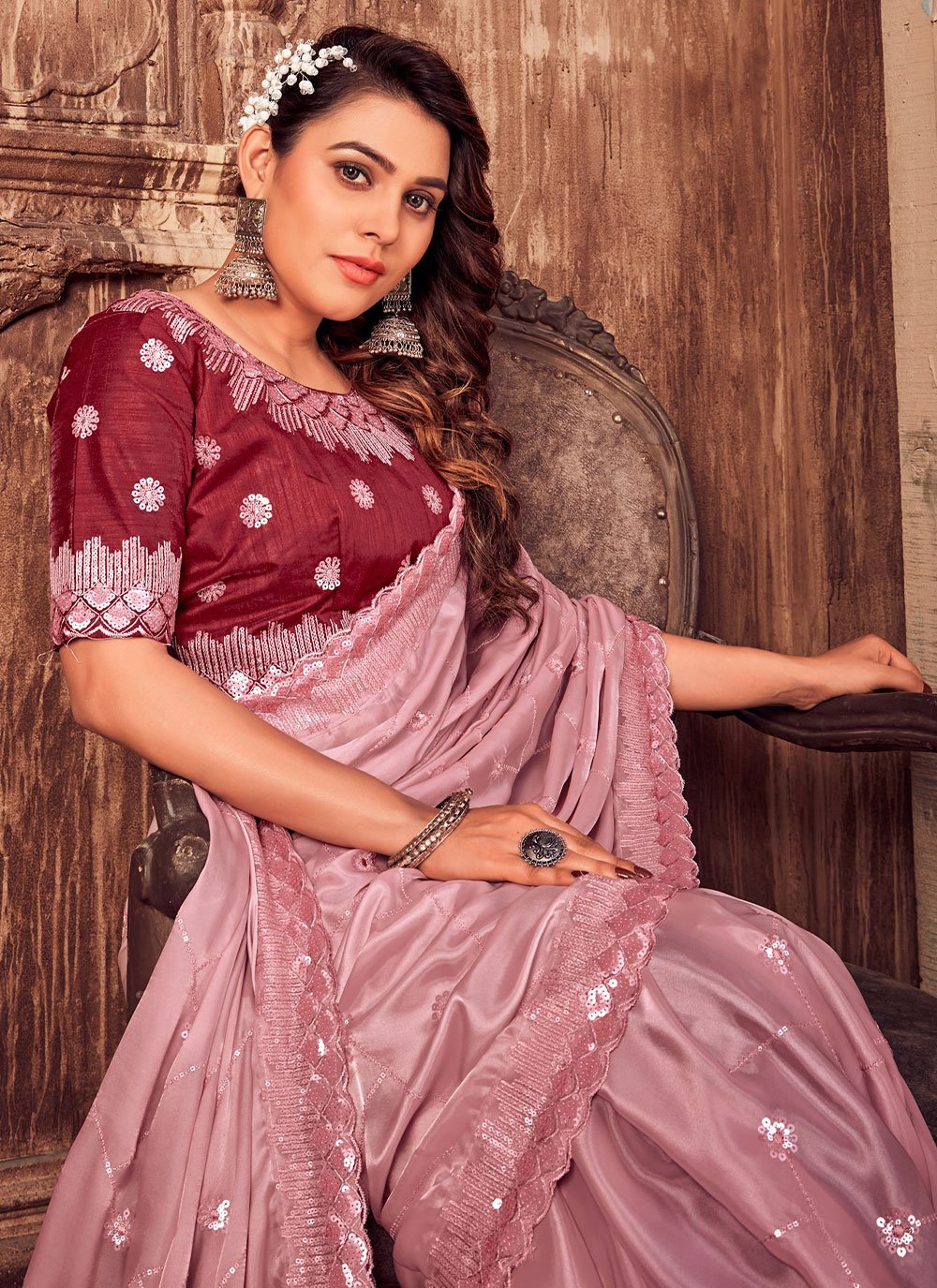 Designer Satin Silk Pink Embroidered Saree