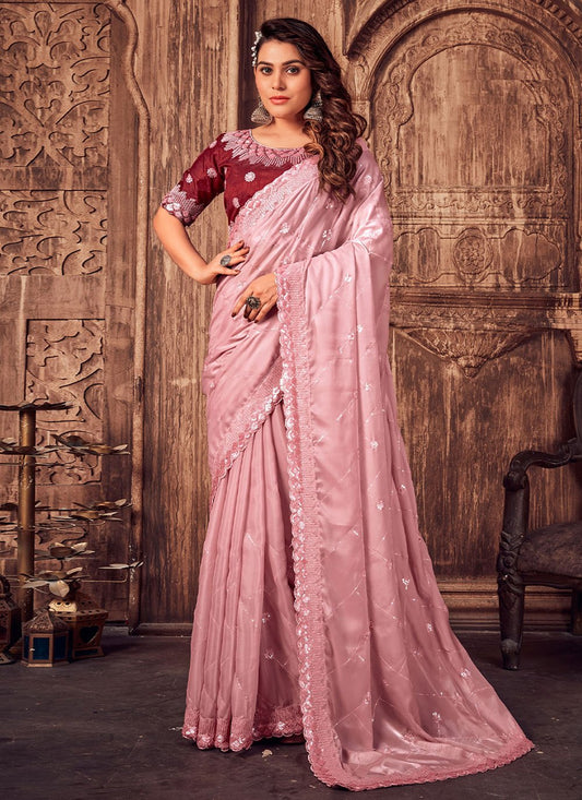 Designer Satin Silk Pink Embroidered Saree