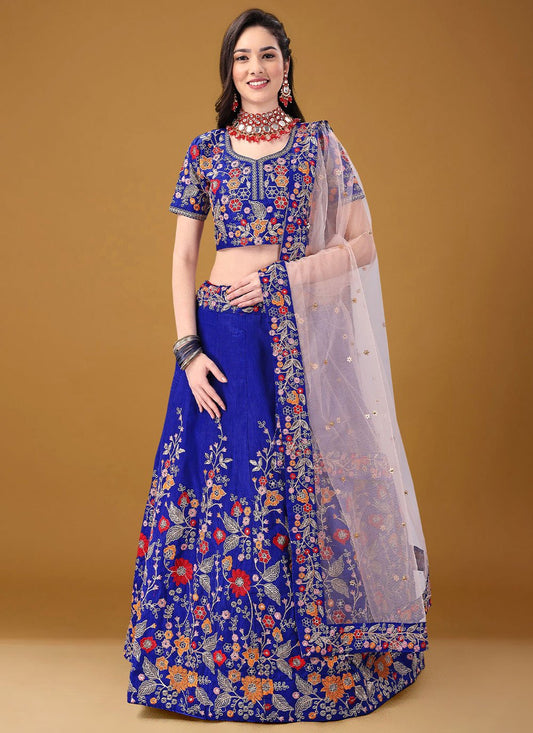 Lehenga Choli Satin Silk Blue Embroidered Lehenga Choli