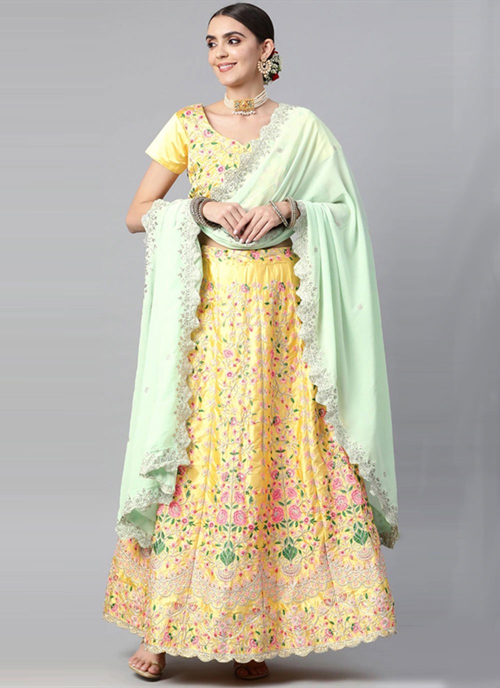 Lehenga Choli Satin Silk Yellow Embroidered Lehenga Choli