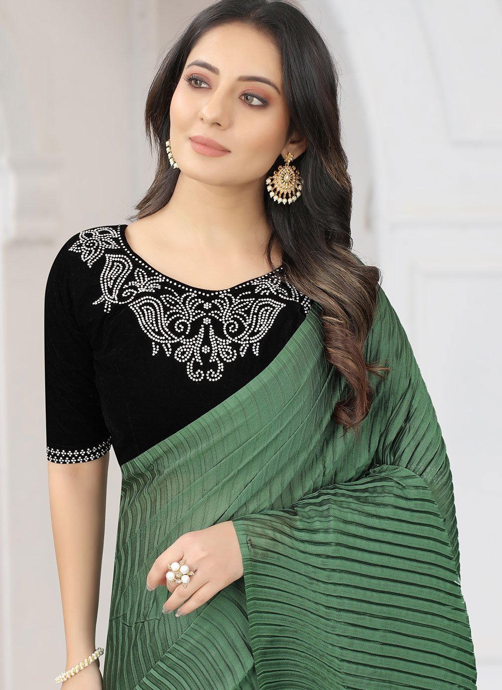 Contemporary Satin Silk Green Fancy Work Saree