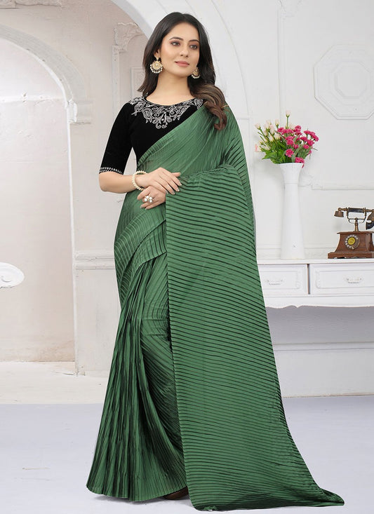 Contemporary Satin Silk Green Fancy Work Saree