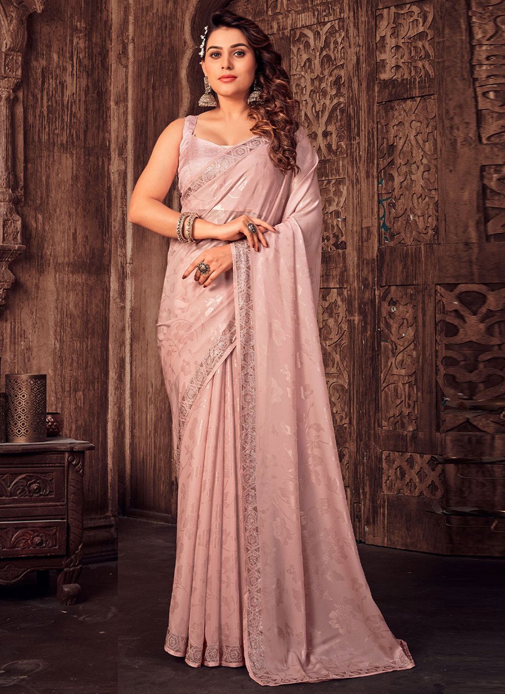 Contemporary Satin Silk Peach Foil Print Saree