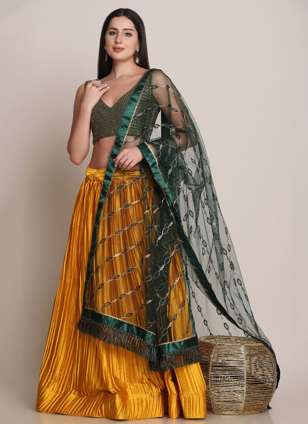 Lehenga Choli Satin Silk Mustard Plain Lehenga Choli