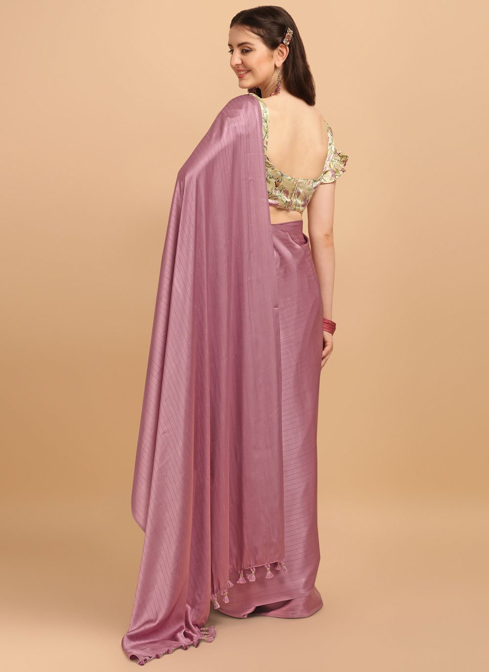 Contemporary Satin Silk Mauve Strips Print Saree