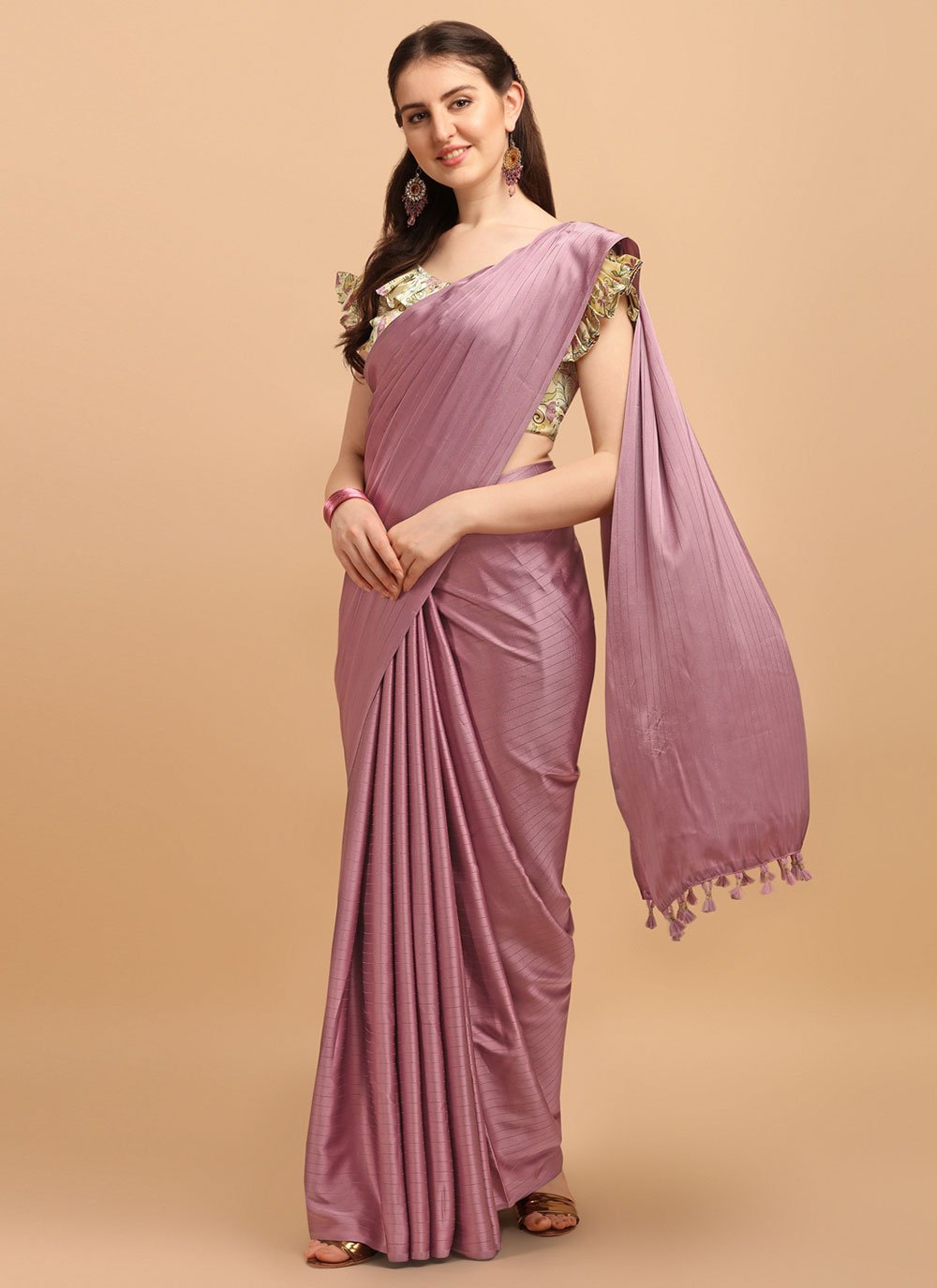 Contemporary Satin Silk Mauve Strips Print Saree