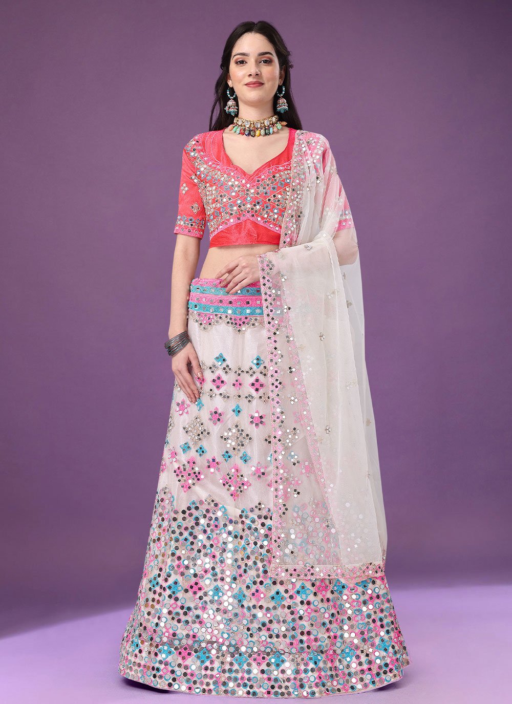 Lehenga Choli Net Satin Silk Off White Embroidered Lehenga Choli