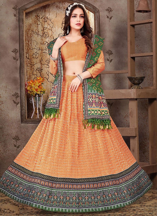 Lehenga Choli Satin Silk Orange Print Lehenga Choli